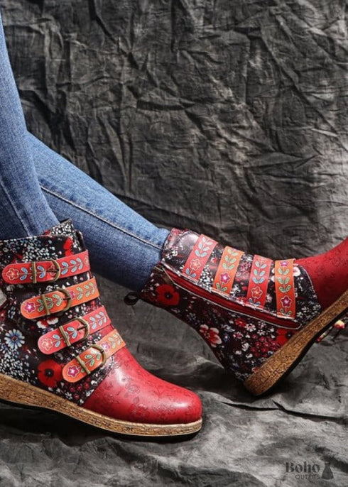 Boho Flat Mid-calf Embroidered Ankle Boots